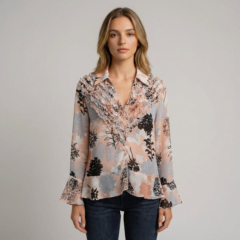 Floral Ruffle Blouse - Black, Gray, Pink - Picture 13 of 13